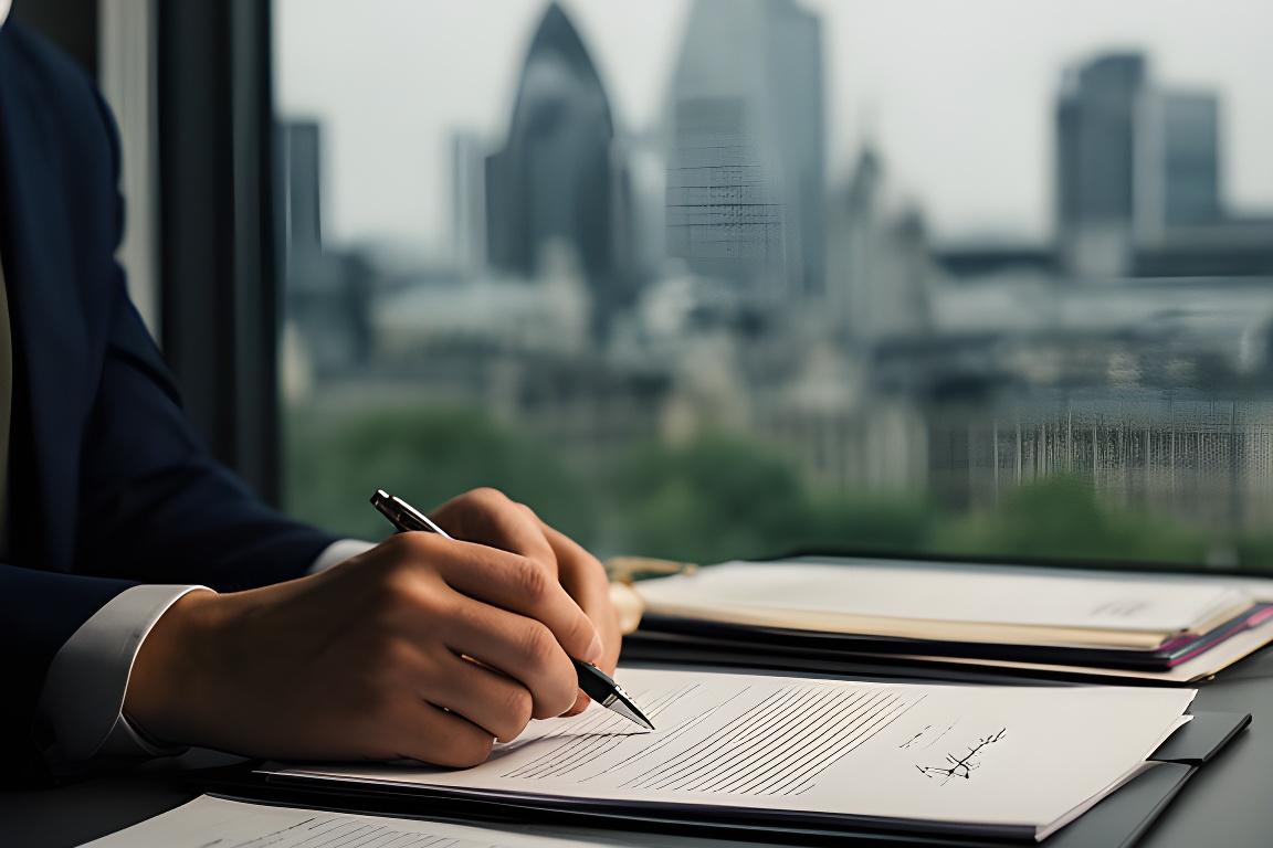 Professional drafter reviewing a signed contract at a desk with London buildings in the background